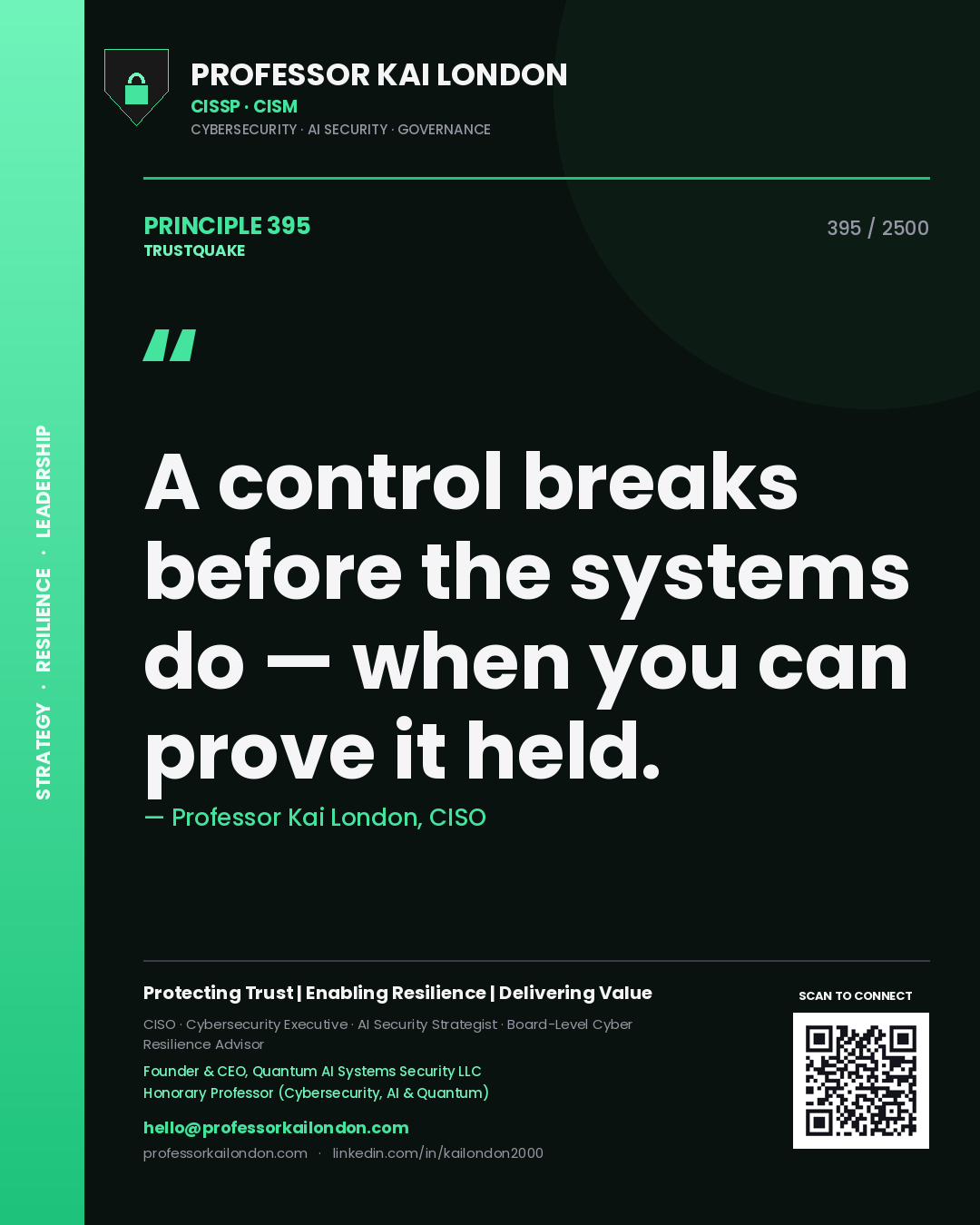 Quote card by Professor Kai London reading 'A control breaks before the systems do — when you can prove it held.'. From the book Trustquake.