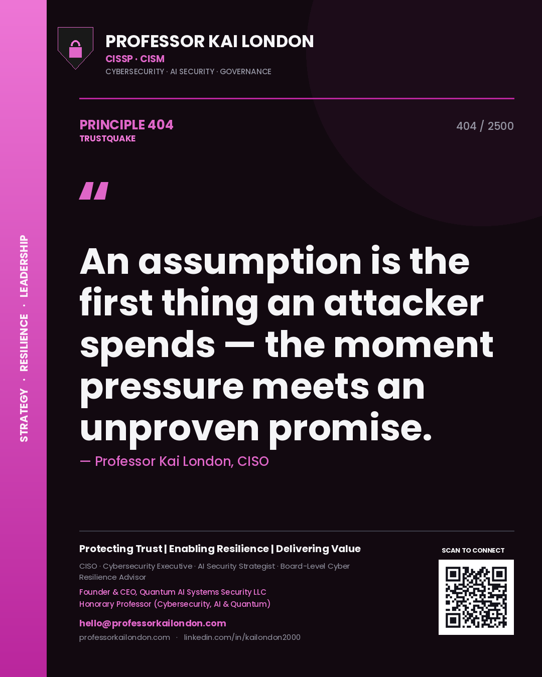 Quote card by Professor Kai London reading 'An assumption is the first thing an attacker spends — the moment pressure meets an unproven promise.'. From the book Trustquake.