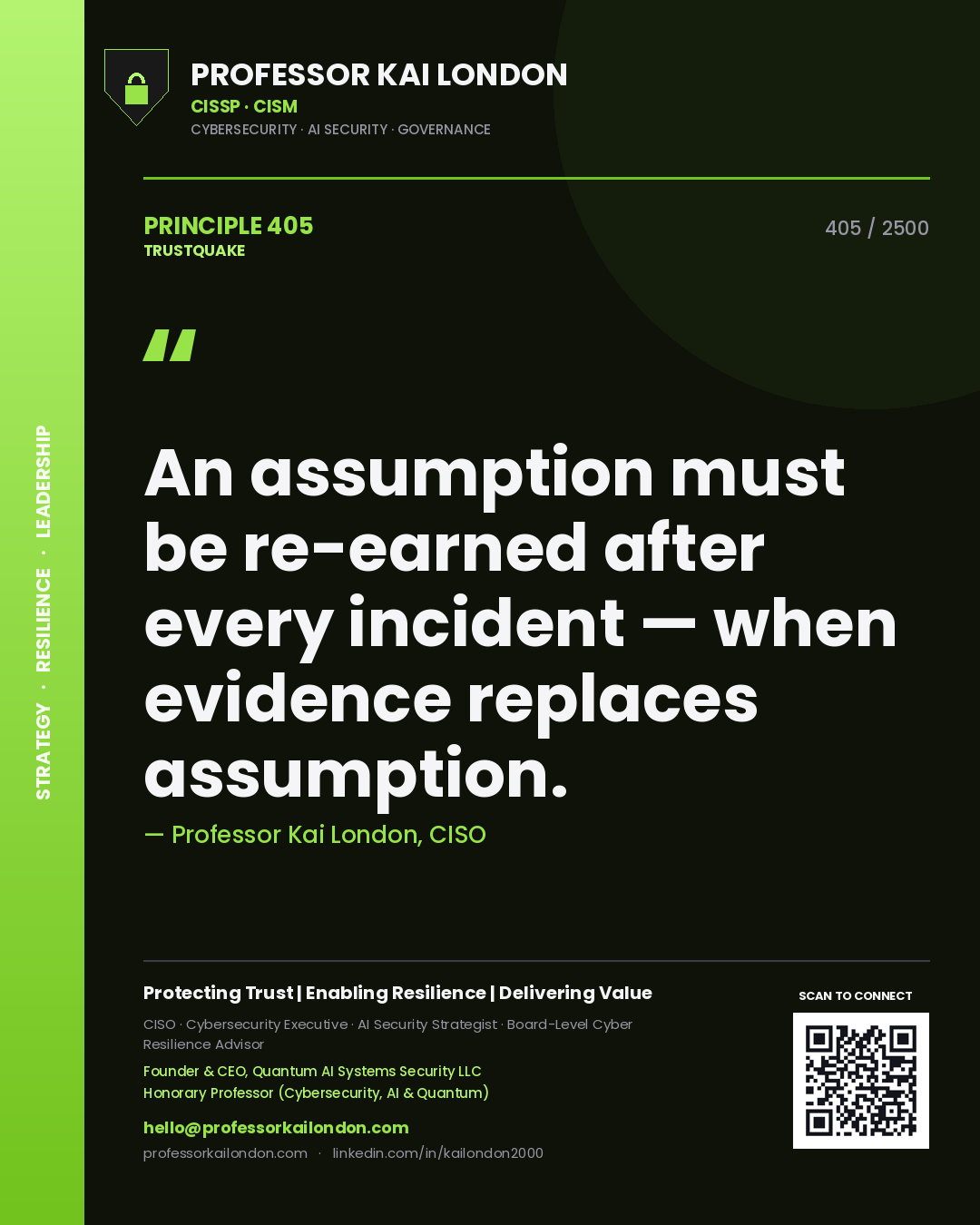 Quote card by Professor Kai London reading 'An assumption must be re-earned after every incident — when evidence replaces assumption.'. From the book Trustquake.