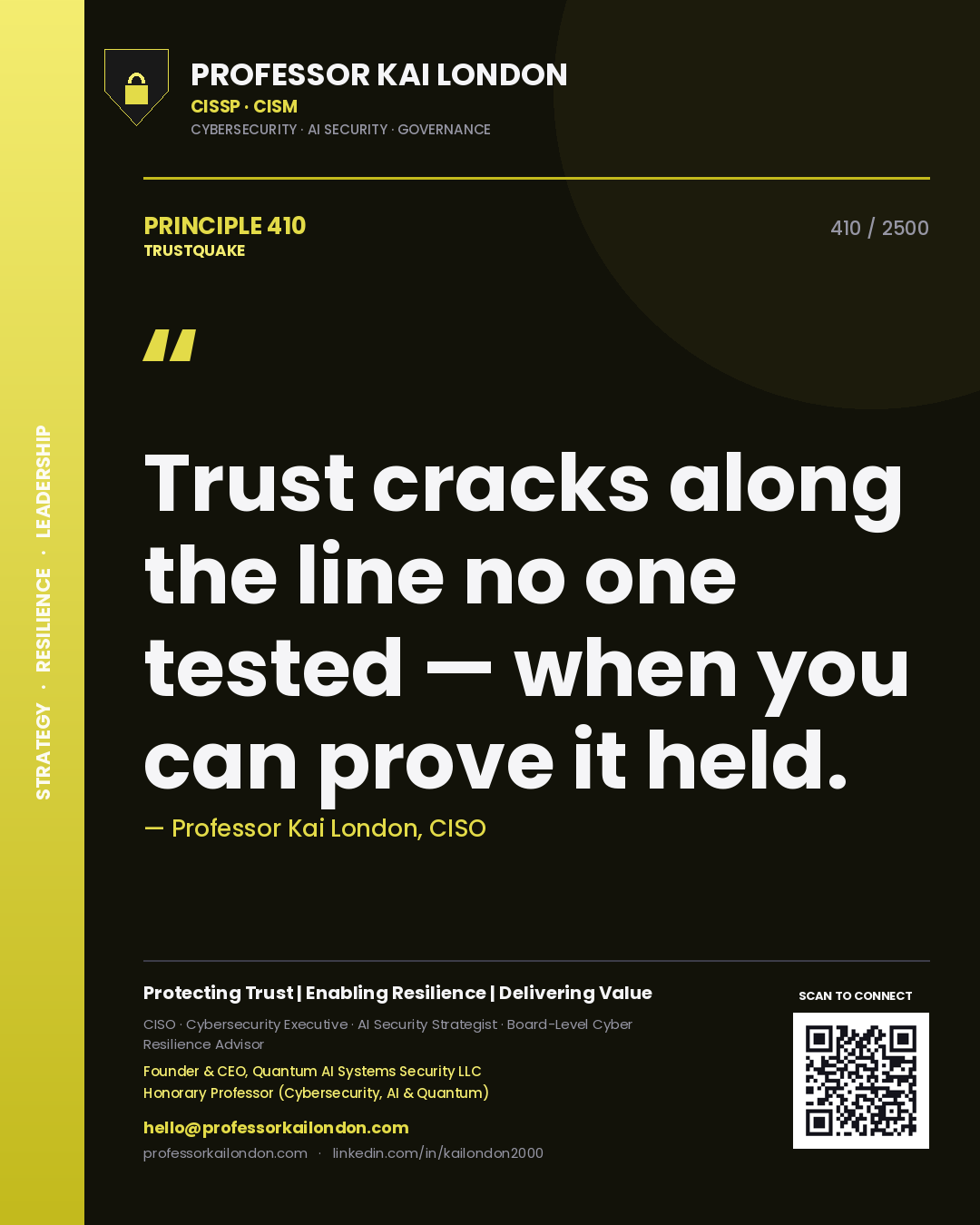 Quote card by Professor Kai London reading 'Trust cracks along the line no one tested — when you can prove it held.'. From the book Trustquake.