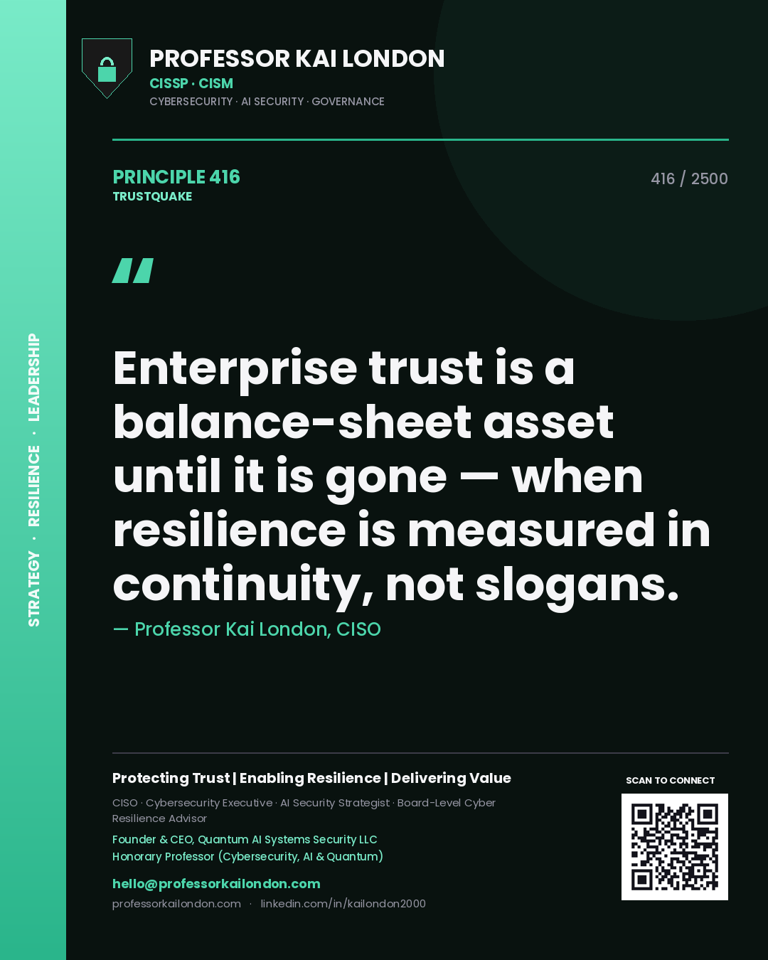 Quote card by Professor Kai London reading 'Enterprise trust is a balance-sheet asset until it is gone — when resilience is measured in continuity, not slogans.'. From the book Trustquake.