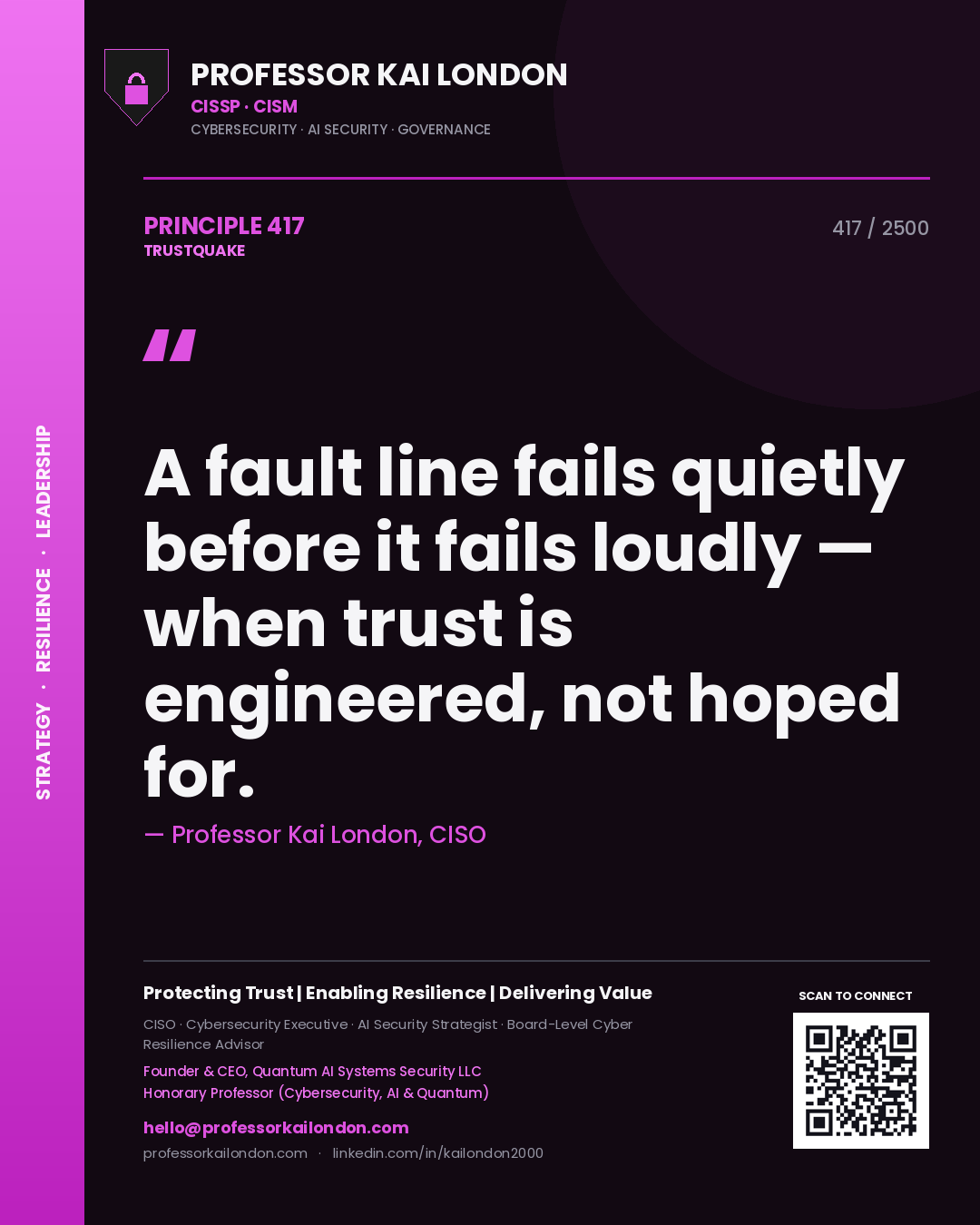 Quote card by Professor Kai London reading 'A fault line fails quietly before it fails loudly — when trust is engineered, not hoped for.'. From the book Trustquake.