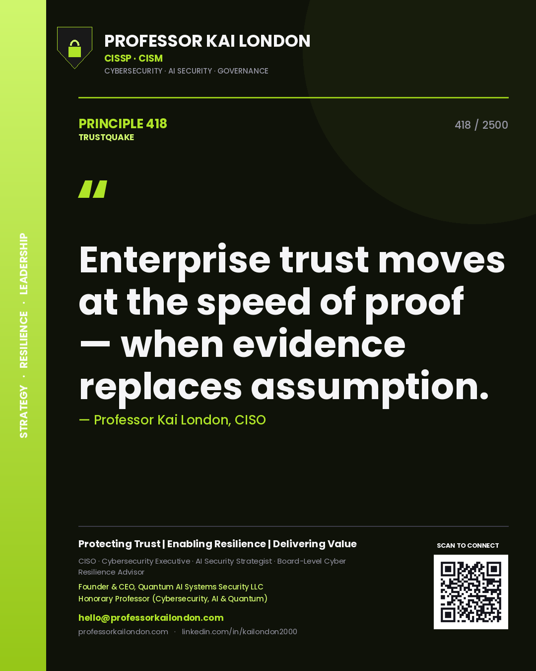 Quote card by Professor Kai London reading 'Enterprise trust moves at the speed of proof — when evidence replaces assumption.'. From the book Trustquake.