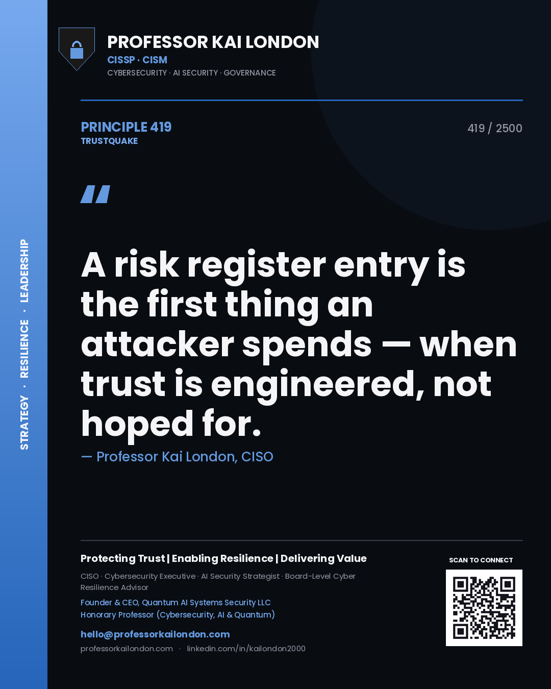 Quote card by Professor Kai London reading 'A risk register entry is the first thing an attacker spends — when trust is engineered, not hoped for.'. From the book Trustquake.
