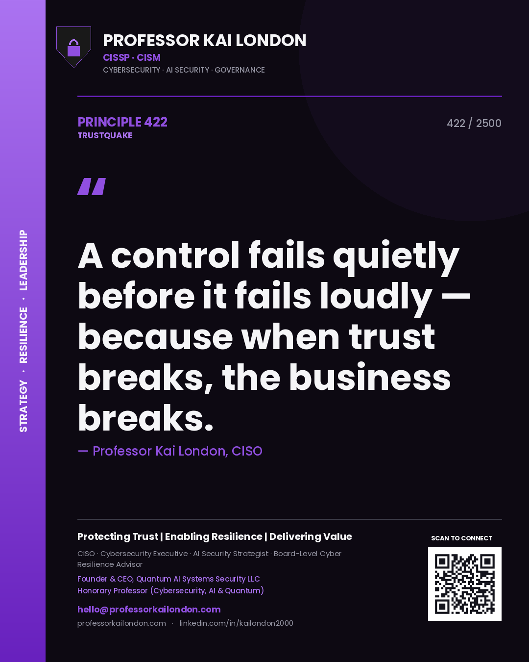 Quote card by Professor Kai London reading 'A control fails quietly before it fails loudly — because when trust breaks, the business breaks.'. From the book Trustquake.