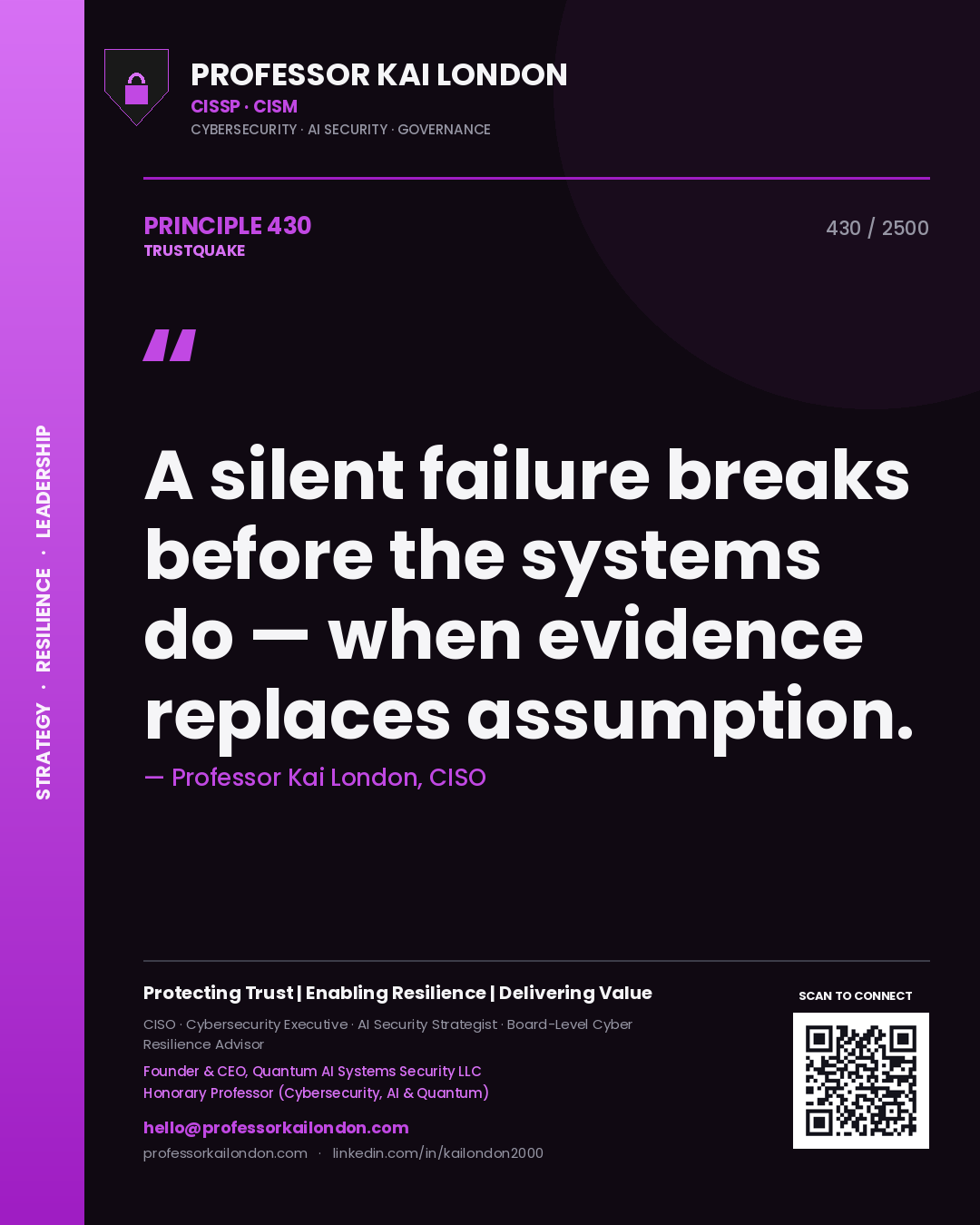 Quote card by Professor Kai London reading 'A silent failure breaks before the systems do — when evidence replaces assumption.'. From the book Trustquake.