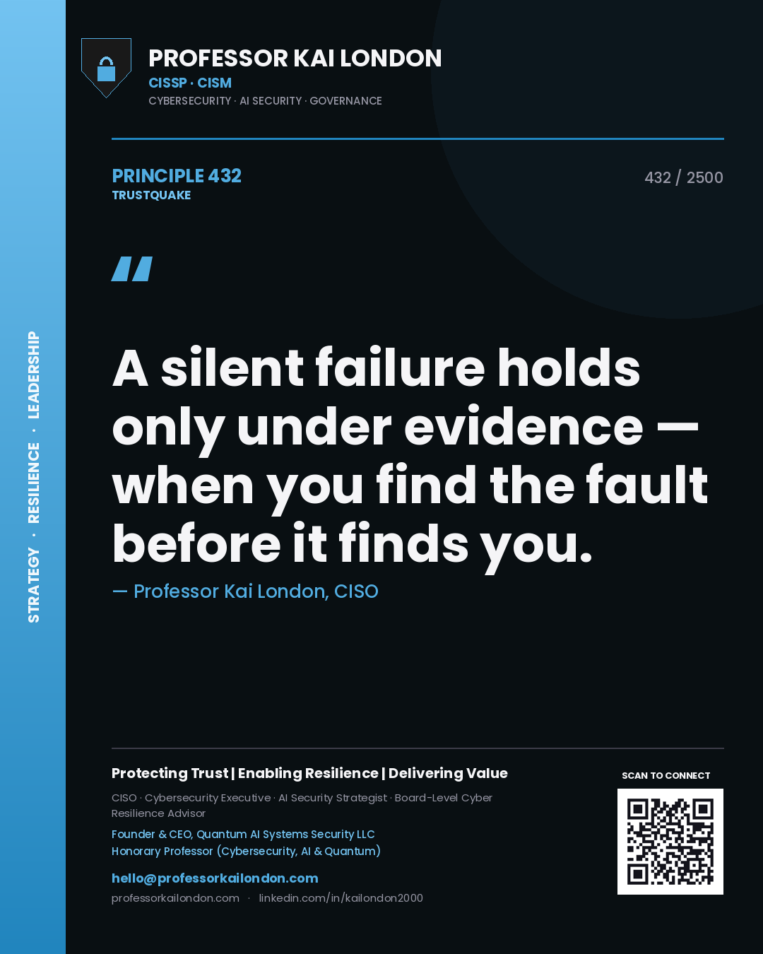 Quote card by Professor Kai London reading 'A silent failure holds only under evidence — when you find the fault before it finds you.'. From the book Trustquake.