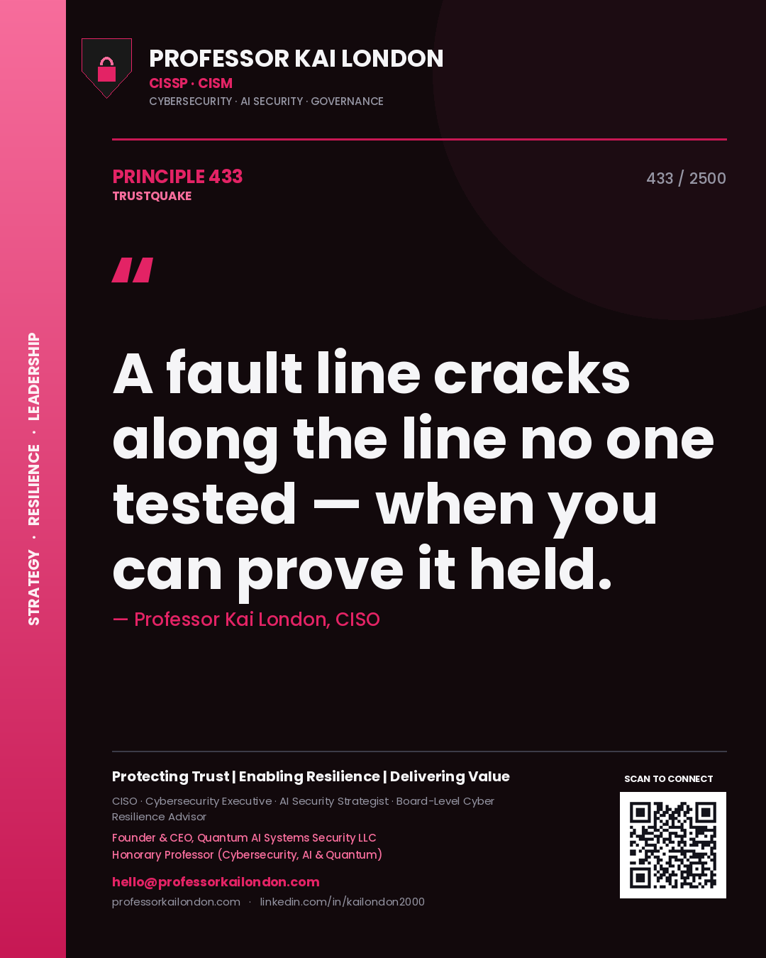 Quote card by Professor Kai London reading 'A fault line cracks along the line no one tested — when you can prove it held.'. From the book Trustquake.