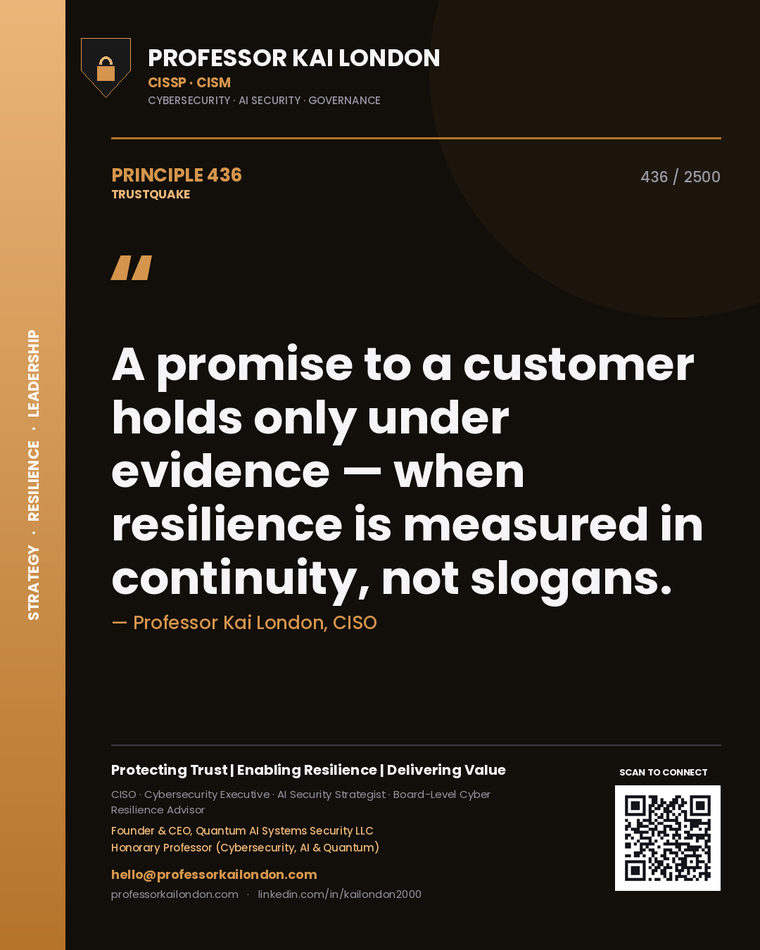 Quote card by Professor Kai London reading 'A promise to a customer holds only under evidence — when resilience is measured in continuity, not slogans.'. From the book Trustquake.