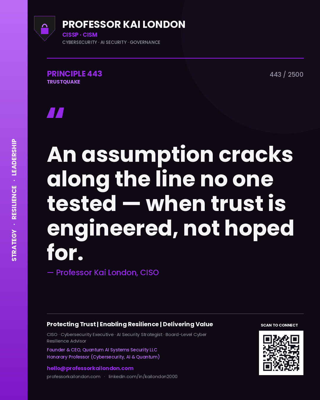 Quote card by Professor Kai London reading 'An assumption cracks along the line no one tested — when trust is engineered, not hoped for.'. From the book Trustquake.