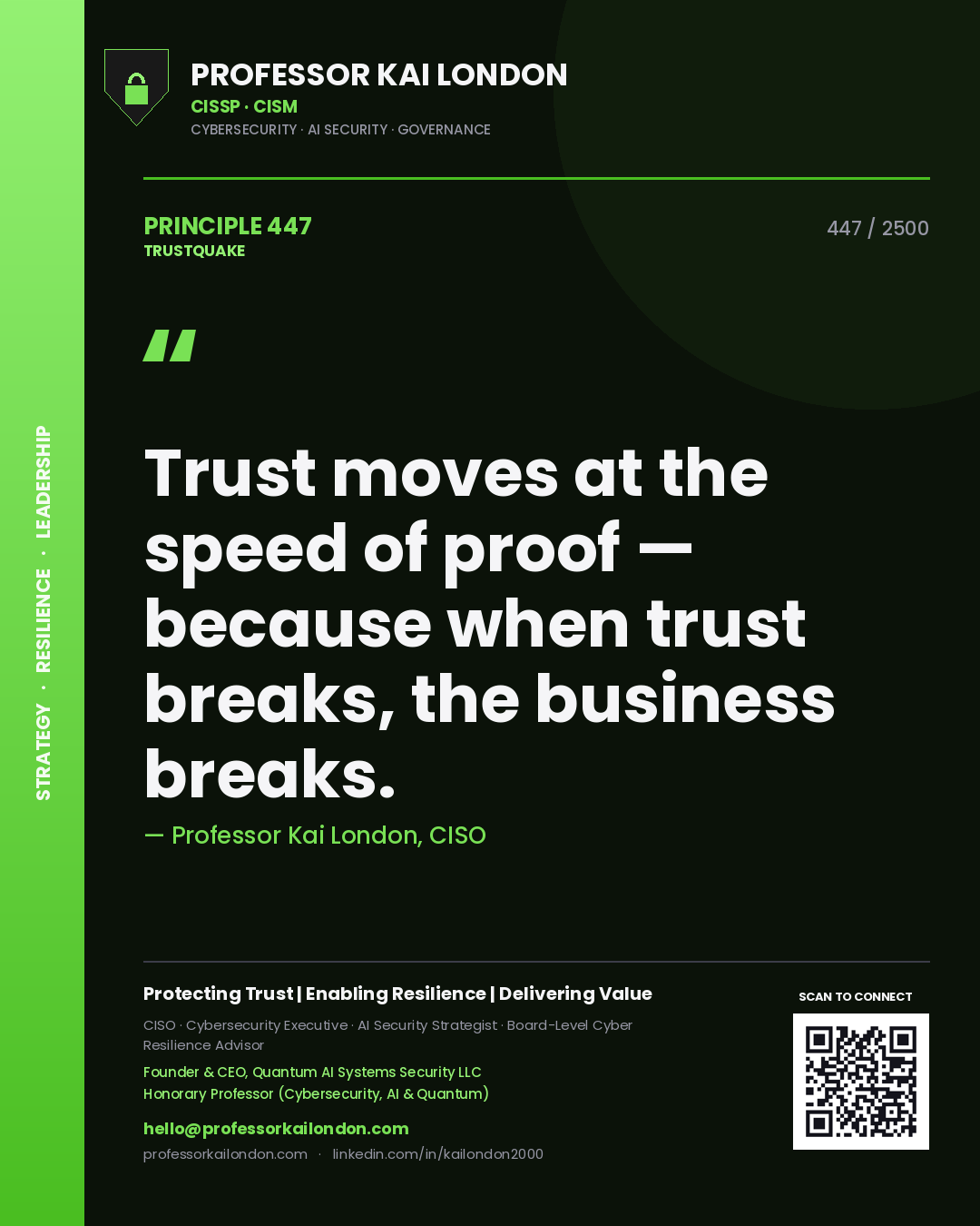 Quote card by Professor Kai London reading 'Trust moves at the speed of proof — because when trust breaks, the business breaks.'. From the book Trustquake.