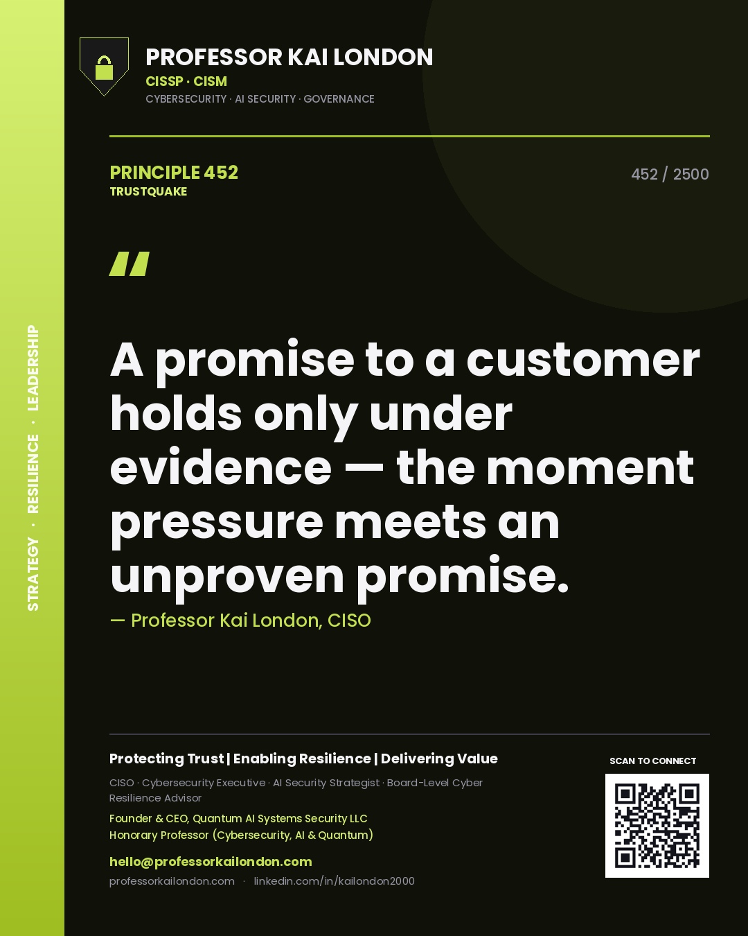 Quote card by Professor Kai London reading 'A promise to a customer holds only under evidence — the moment pressure meets an unproven promise.'. From the book Trustquake.