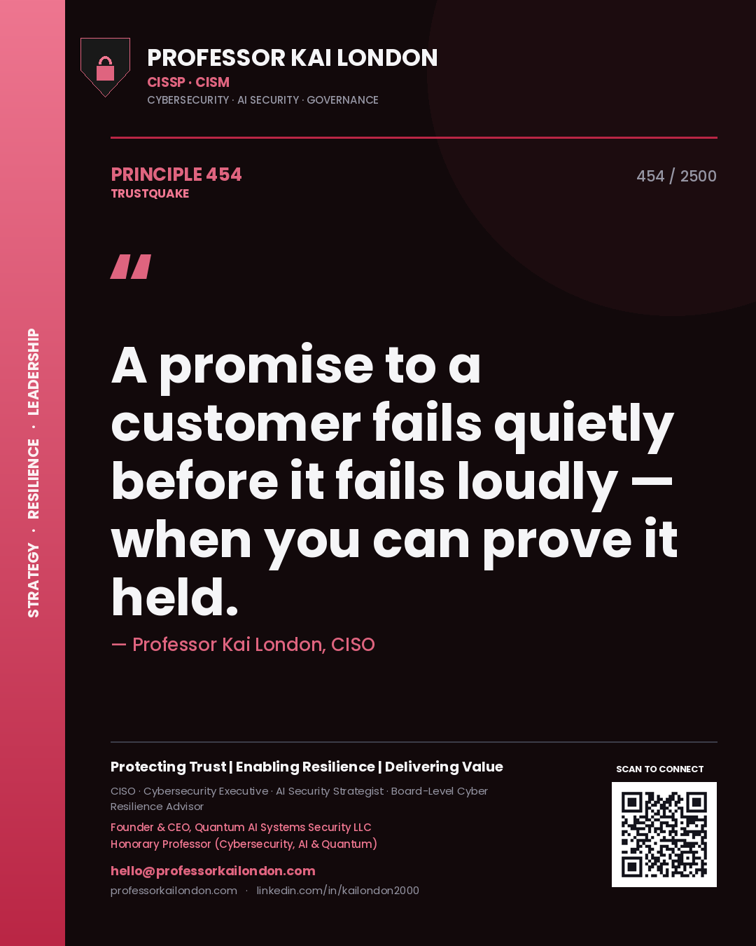 Professor Kai London principle 454: A promise to a customer fails quietly before it fails loudly — when you can prove it held.