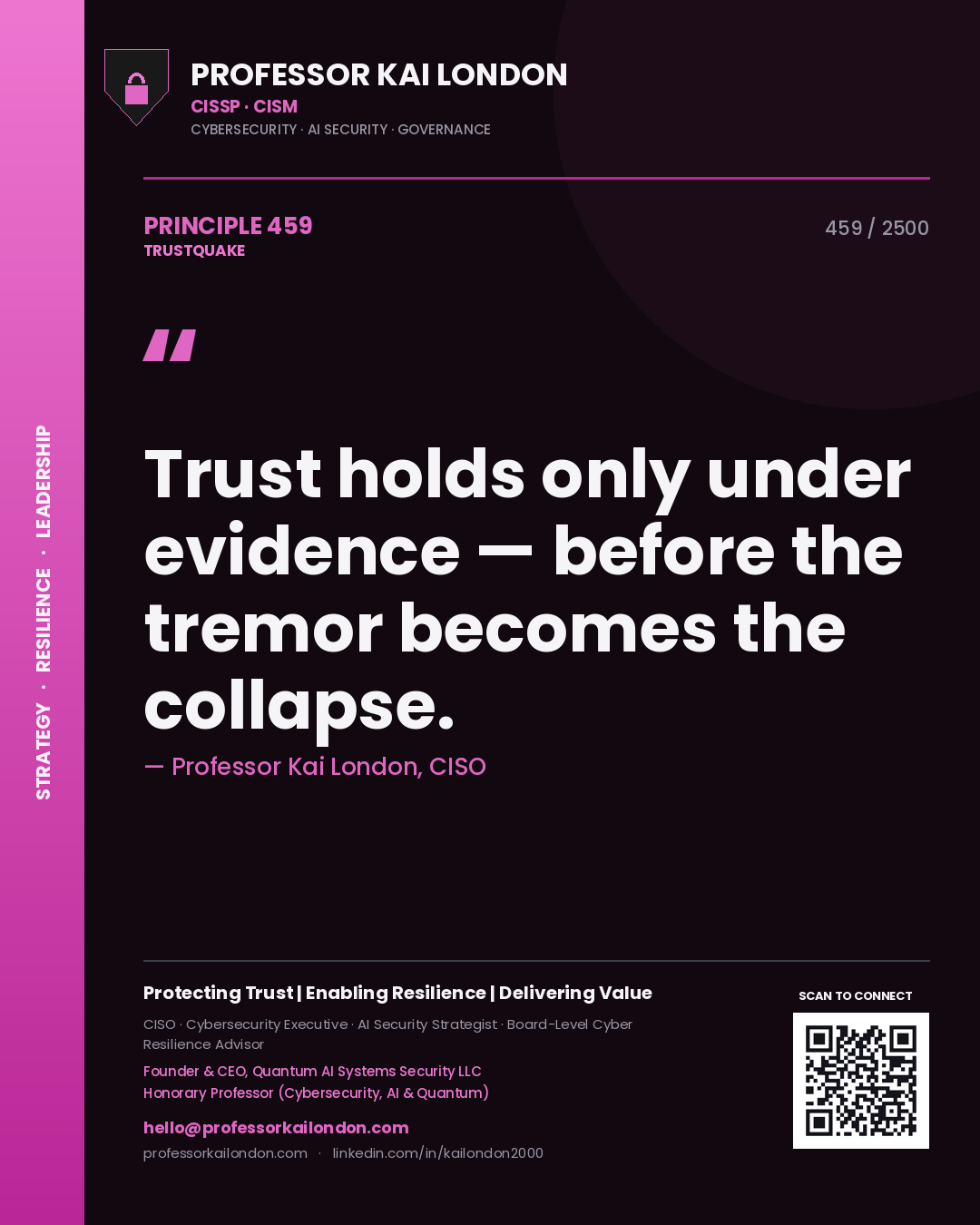 Quote card by Professor Kai London reading 'Trust holds only under evidence — before the tremor becomes the collapse.'. From the book Trustquake.