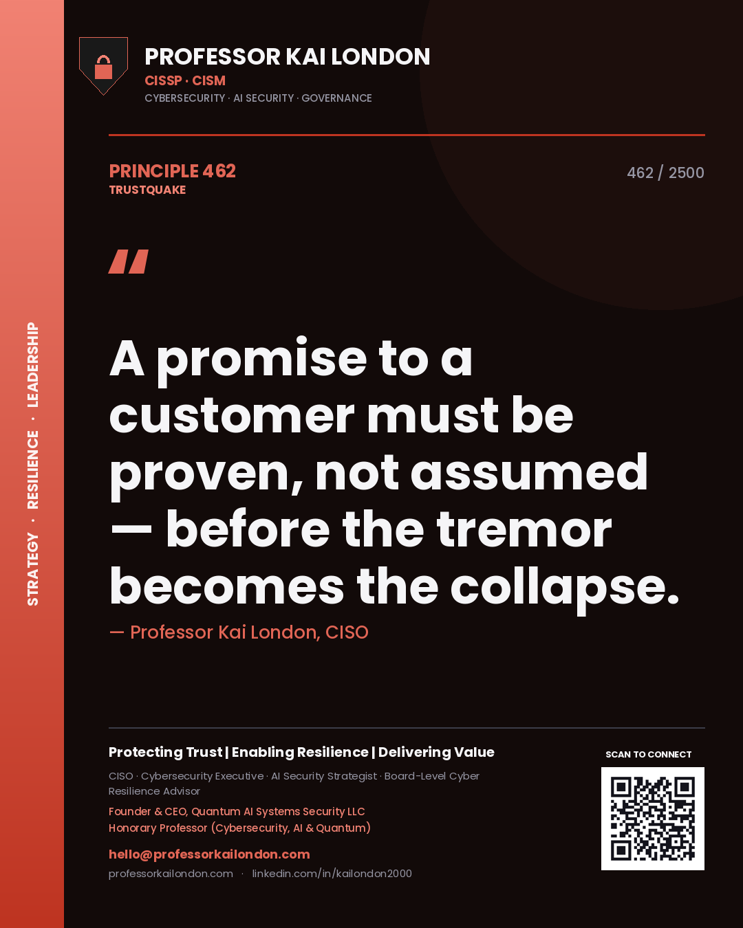 Quote card by Professor Kai London reading 'A promise to a customer must be proven, not assumed — before the tremor becomes the collapse.'. From the book Trustquake.