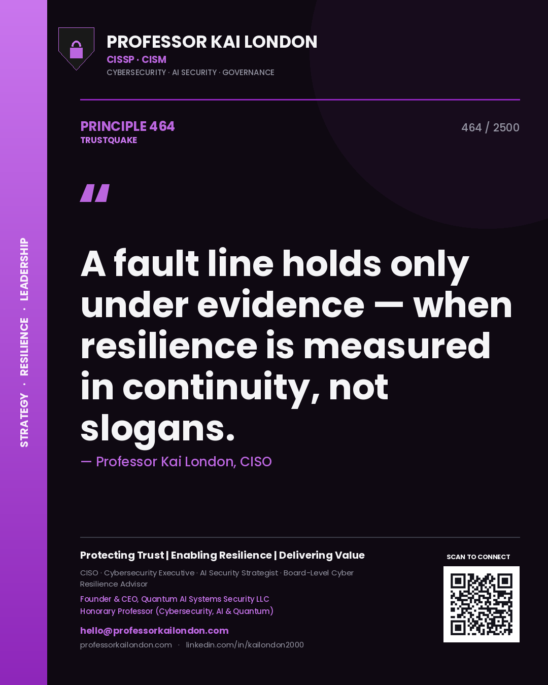 Quote card by Professor Kai London reading 'A fault line holds only under evidence — when resilience is measured in continuity, not slogans.'. From the book Trustquake.