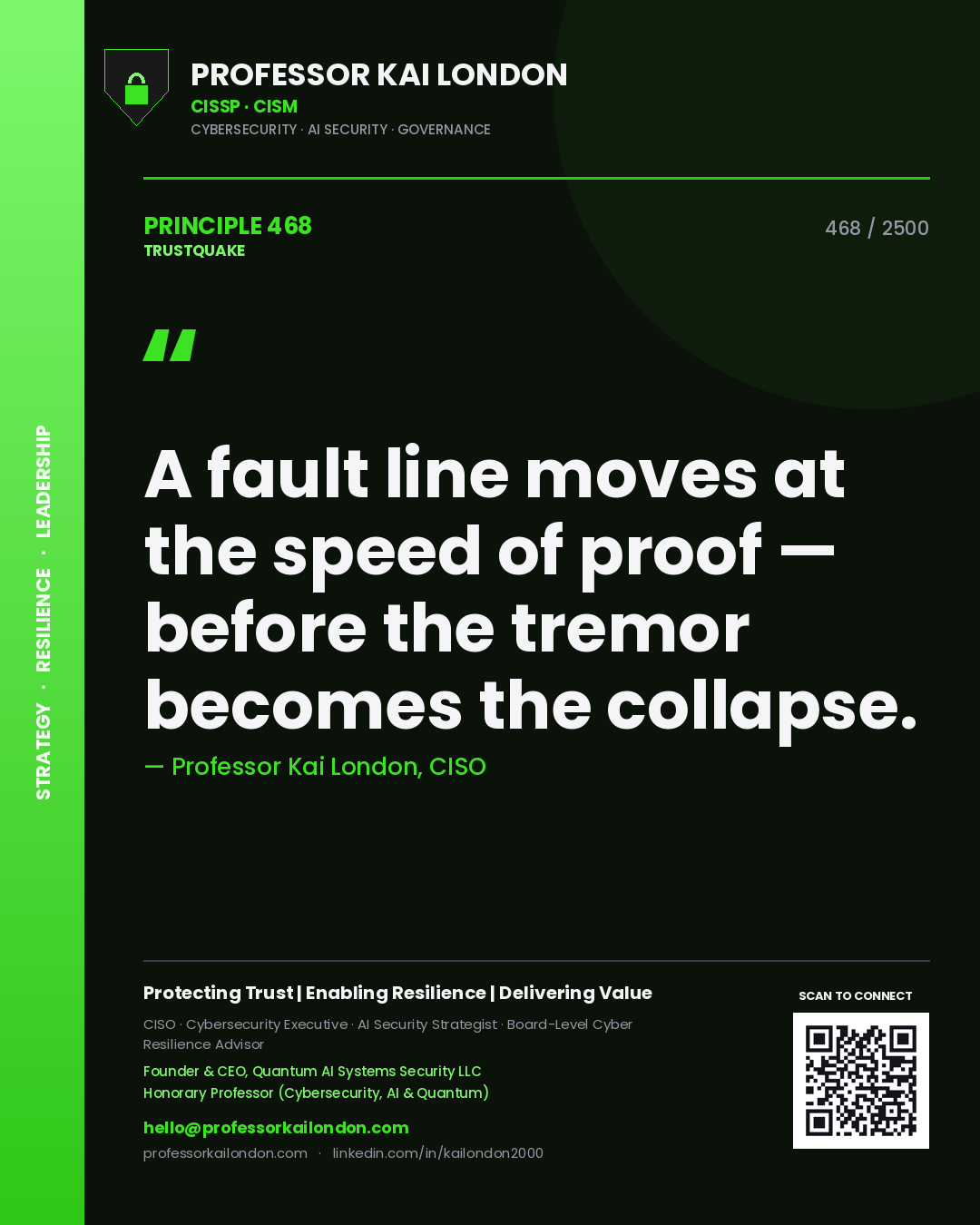Quote card by Professor Kai London reading 'A fault line moves at the speed of proof — before the tremor becomes the collapse.'. From the book Trustquake.