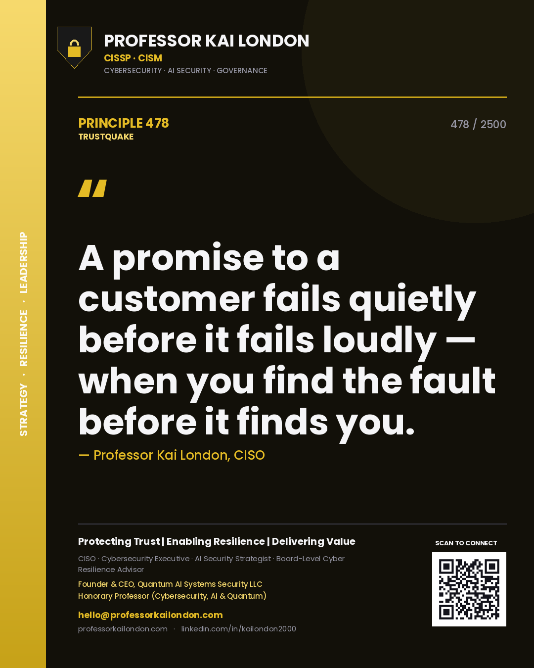 Quote card by Professor Kai London reading 'A promise to a customer fails quietly before it fails loudly — when you find the fault before it finds you.'. From the book Trustquake.