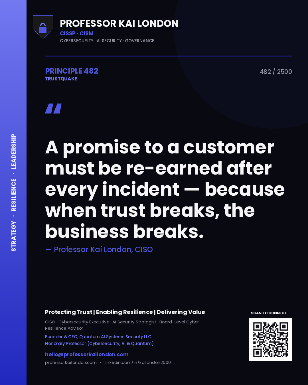 Quote card by Professor Kai London reading 'A promise to a customer must be re-earned after every incident — because when trust breaks, the business breaks.'. From the book Trustquake.
