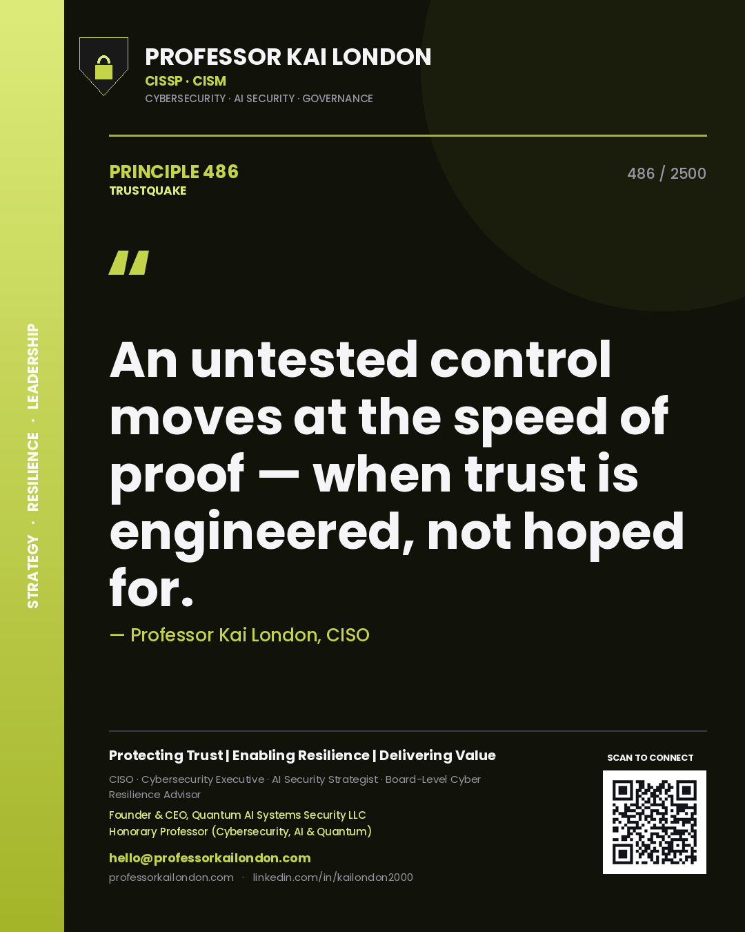Quote card by Professor Kai London reading 'An untested control moves at the speed of proof — when trust is engineered, not hoped for.'. From the book Trustquake.
