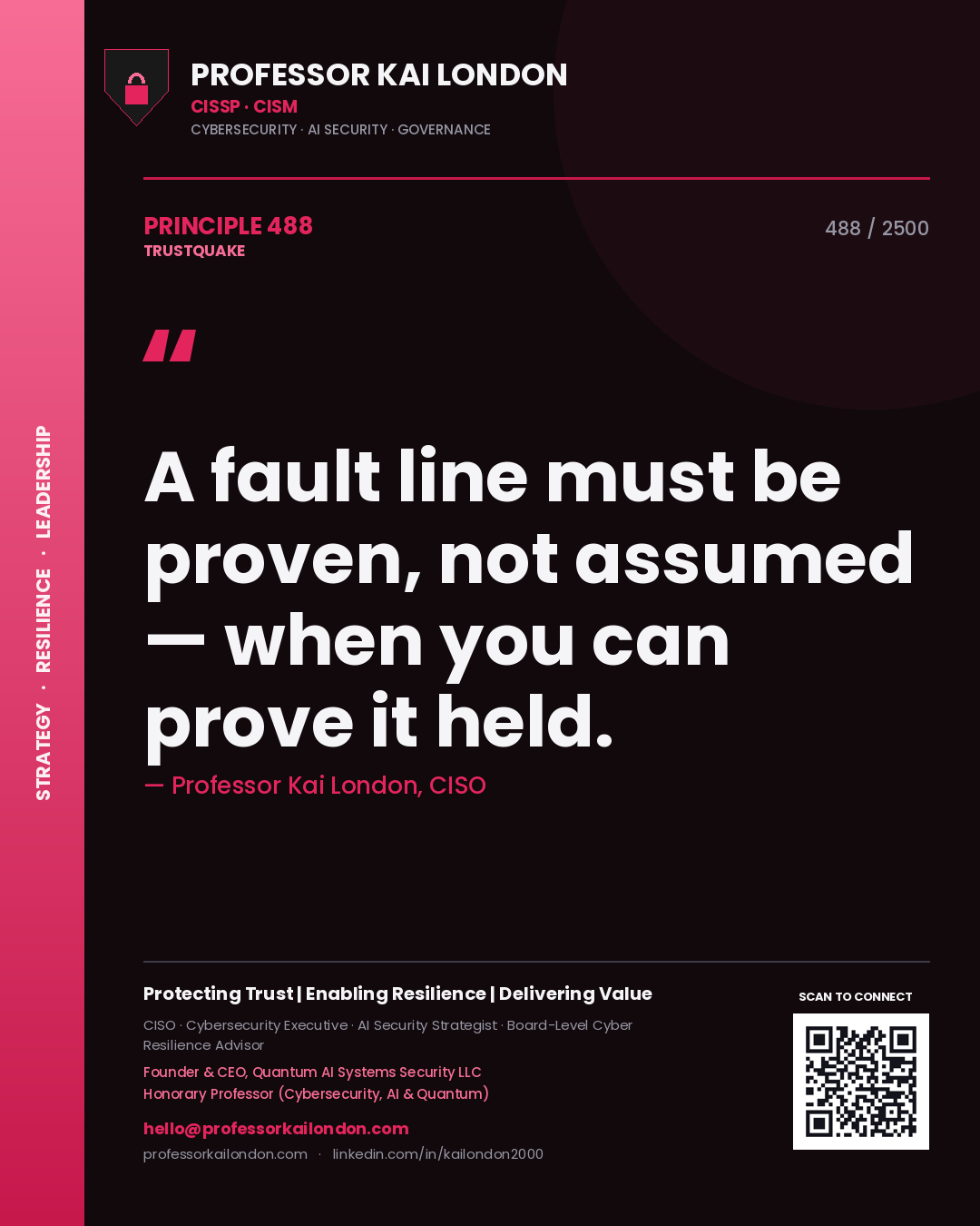 Quote card by Professor Kai London reading 'A fault line must be proven, not assumed — when you can prove it held.'. From the book Trustquake.
