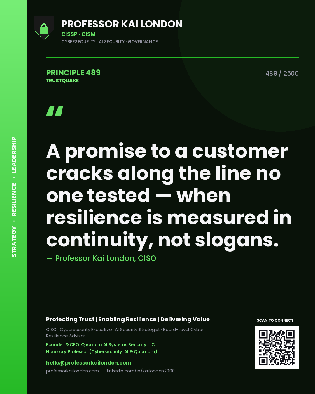 Quote card by Professor Kai London reading 'A promise to a customer cracks along the line no one tested — when resilience is measured in continuity, not slogans.'. From the book Trustquake.