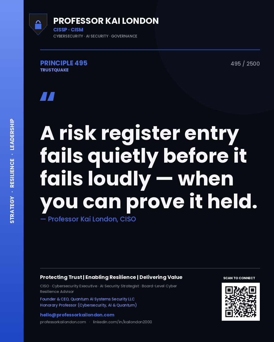 Quote card by Professor Kai London reading 'A risk register entry fails quietly before it fails loudly — when you can prove it held.'. From the book Trustquake.