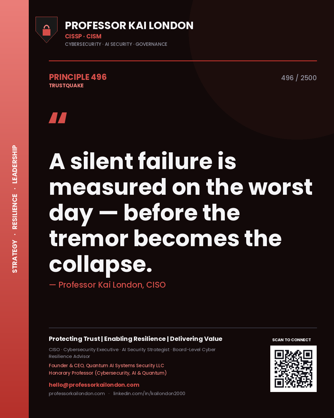 Quote card by Professor Kai London reading 'A silent failure is measured on the worst day — before the tremor becomes the collapse.'. From the book Trustquake.