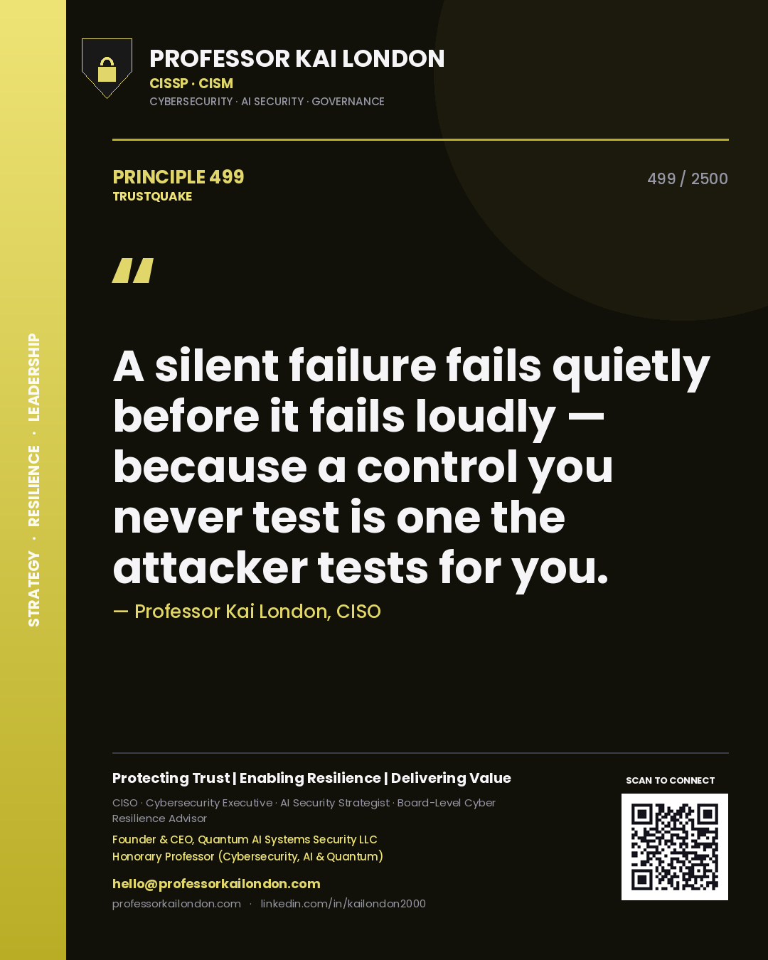 Quote card by Professor Kai London reading 'A silent failure fails quietly before it fails loudly — because a control you never test is one the attacker tests for you.'. From the book Trustquake.