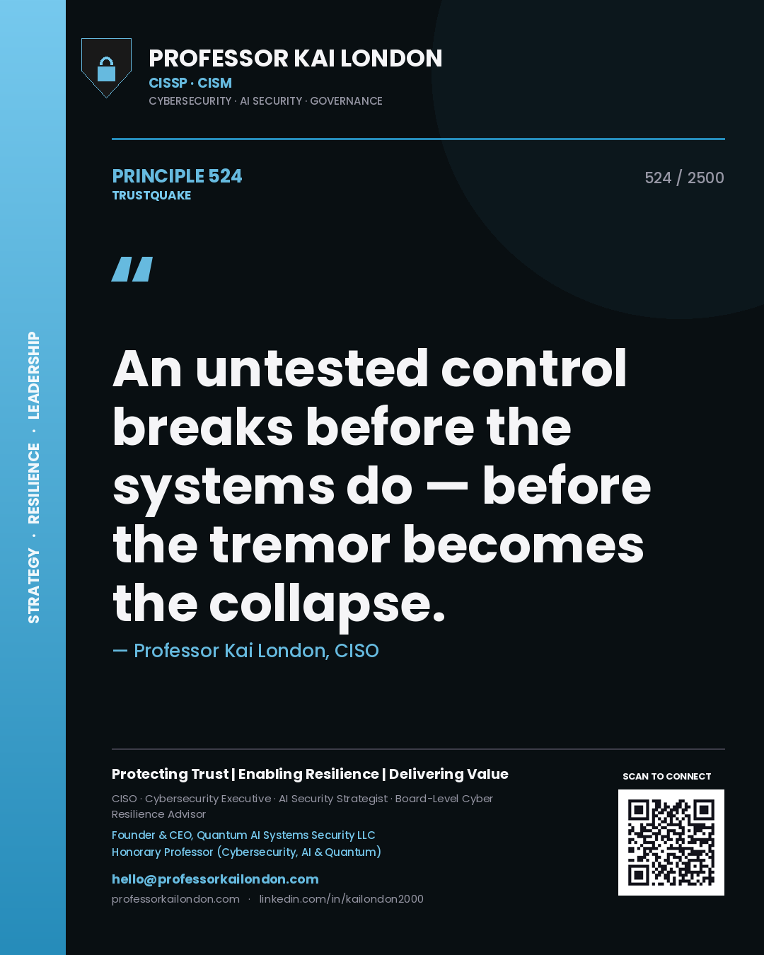 Quote card by Professor Kai London reading 'An untested control breaks before the systems do — before the tremor becomes the collapse.'. From the book Trustquake.