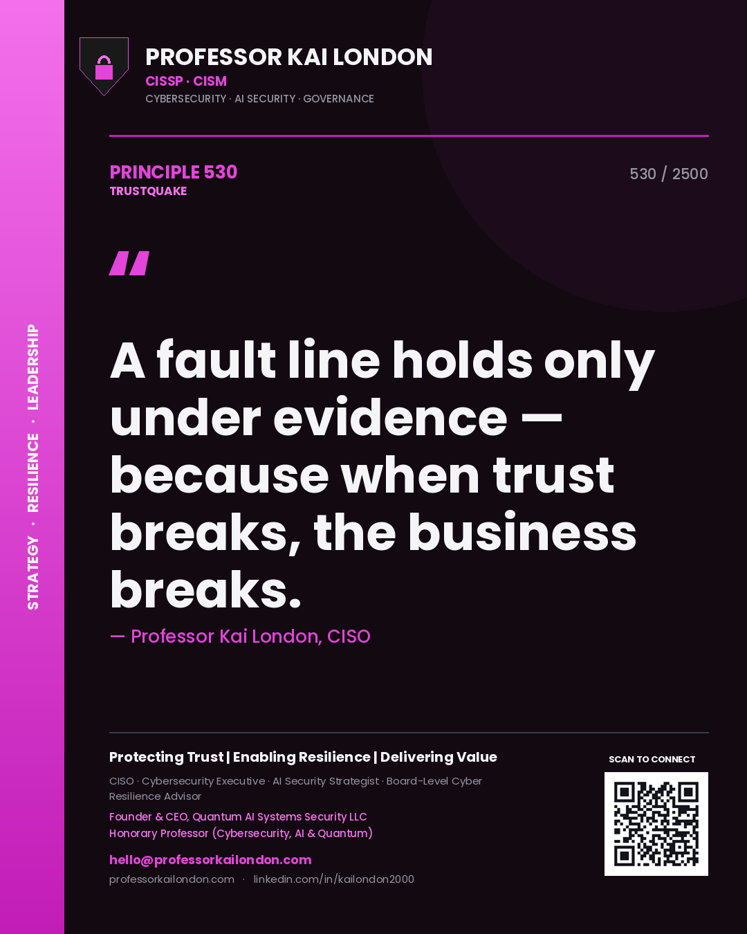 Quote card by Professor Kai London reading 'A fault line holds only under evidence — because when trust breaks, the business breaks.'. From the book Trustquake.