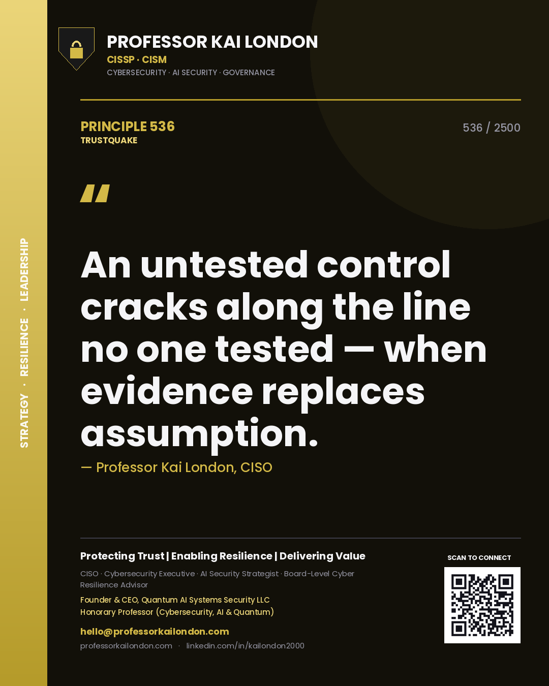 Quote card by Professor Kai London reading 'An untested control cracks along the line no one tested — when evidence replaces assumption.'. From the book Trustquake.