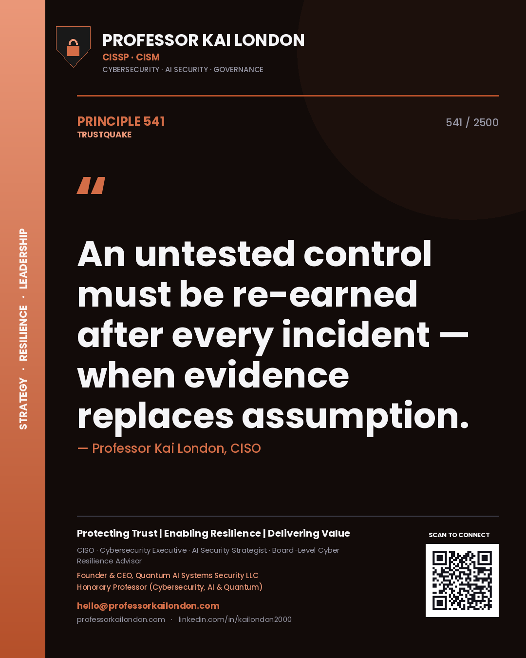 Quote card by Professor Kai London reading 'An untested control must be re-earned after every incident — when evidence replaces assumption.'. From the book Trustquake.