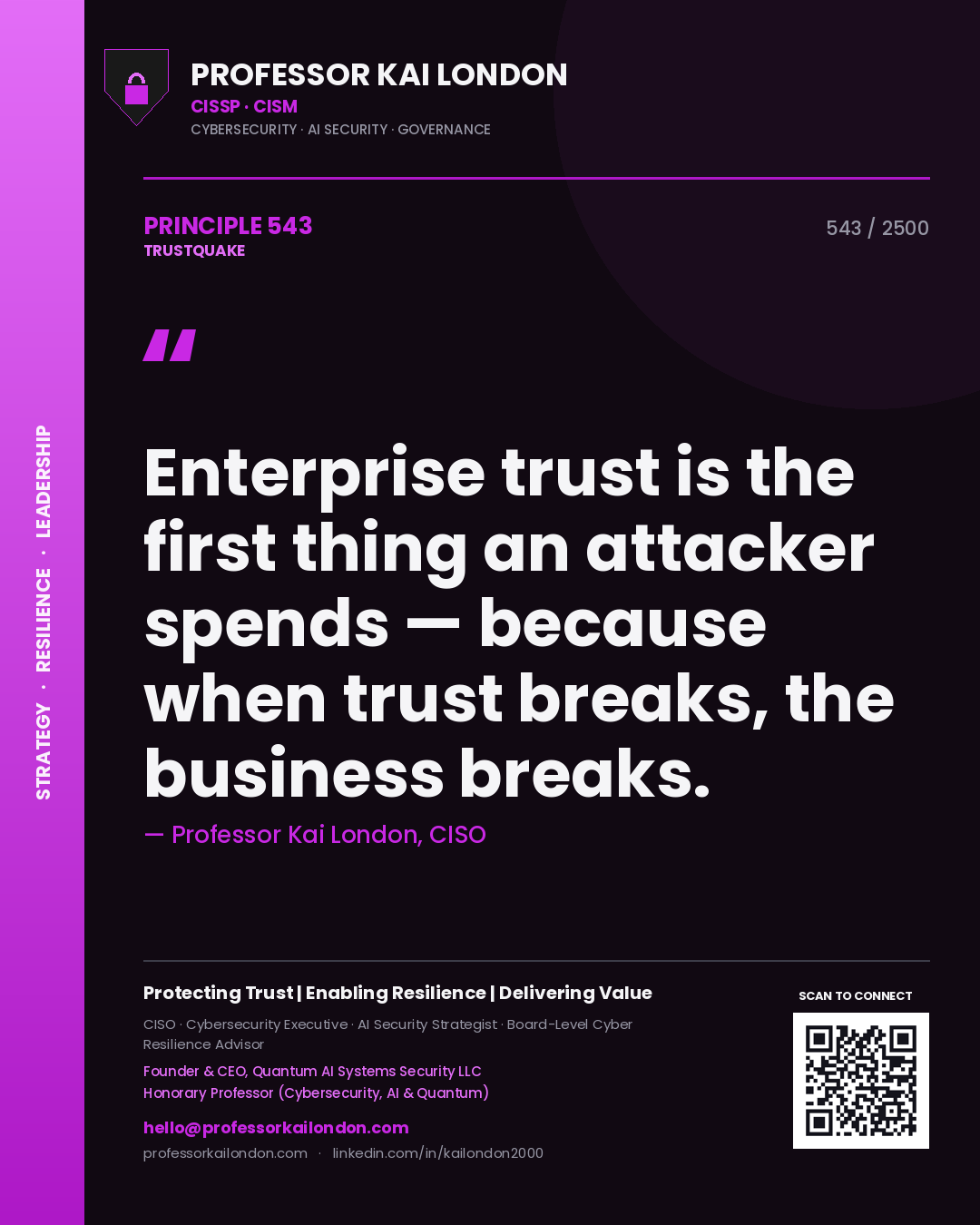 Quote card by Professor Kai London reading 'Enterprise trust is the first thing an attacker spends — because when trust breaks, the business breaks.'. From the book Trustquake.