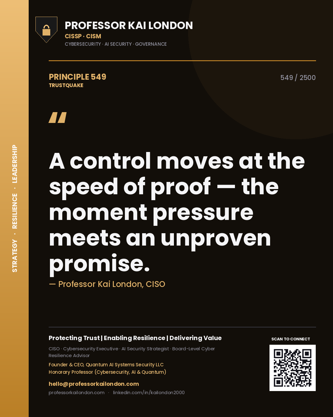 Professor Kai London principle 549: A control moves at the speed of proof — the moment pressure meets an unproven promise.