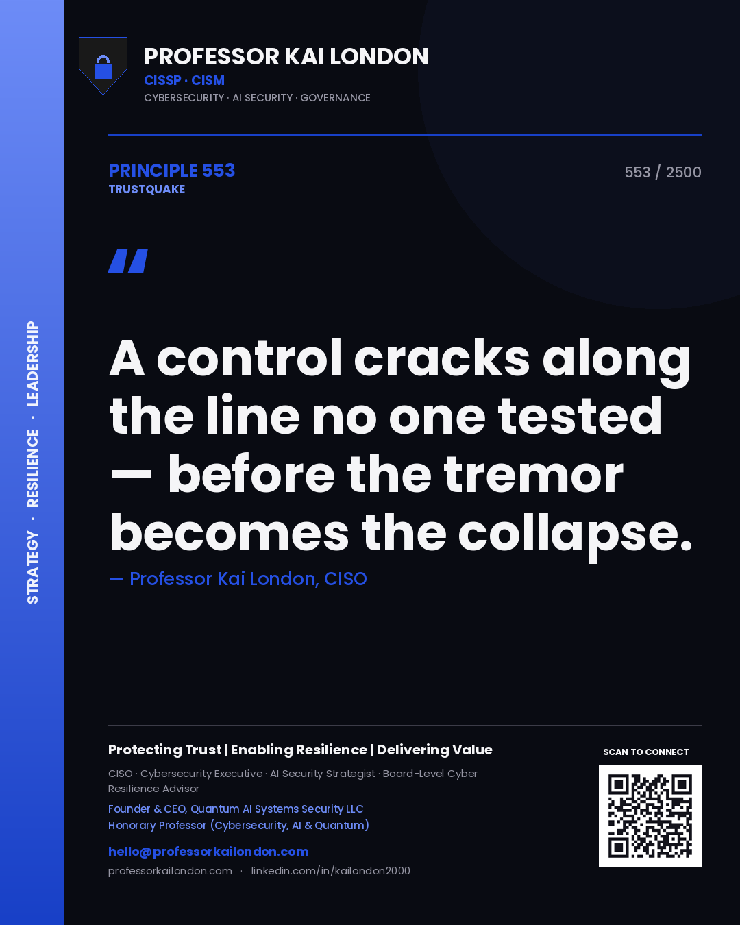 Quote card by Professor Kai London reading 'A control cracks along the line no one tested — before the tremor becomes the collapse.'. From the book Trustquake.