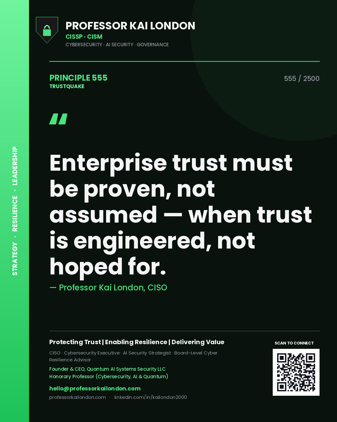 Quote card by Professor Kai London reading 'Enterprise trust must be proven, not assumed — when trust is engineered, not hoped for.'. From the book Trustquake.