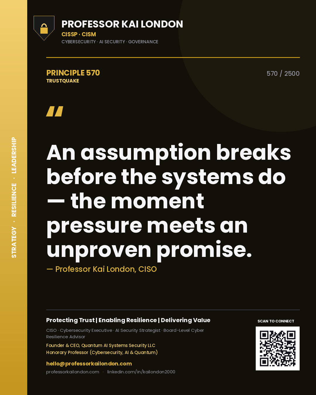Professor Kai London principle 570: An assumption breaks before the systems do — the moment pressure meets an unproven promise.