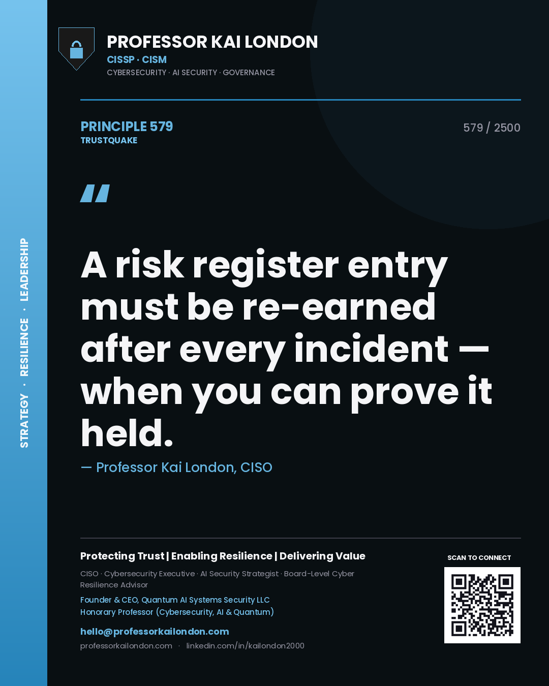 Professor Kai London principle 579: A risk register entry must be re-earned after every incident — when you can prove it held.