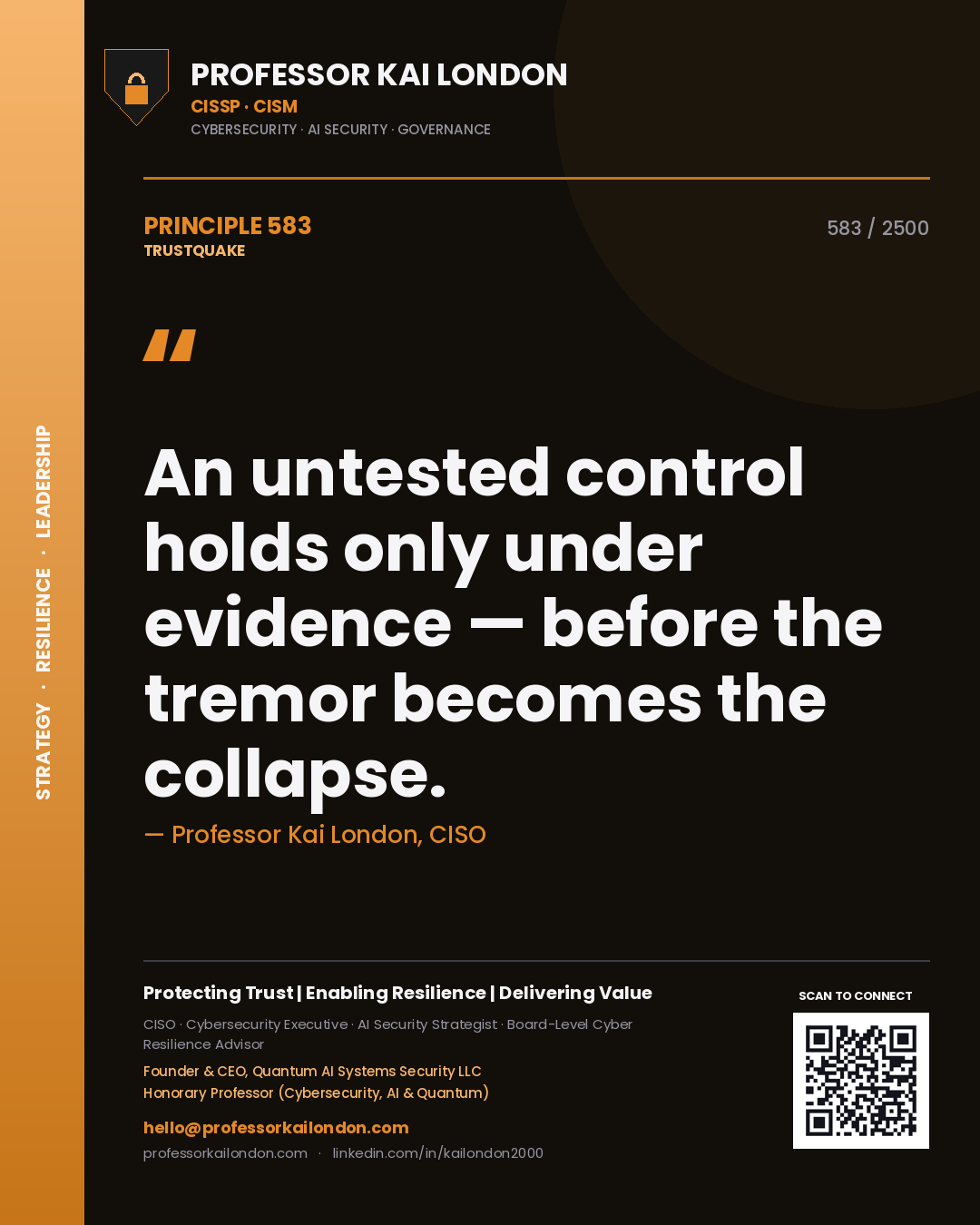 Quote card by Professor Kai London reading 'An untested control holds only under evidence — before the tremor becomes the collapse.'. From the book Trustquake.