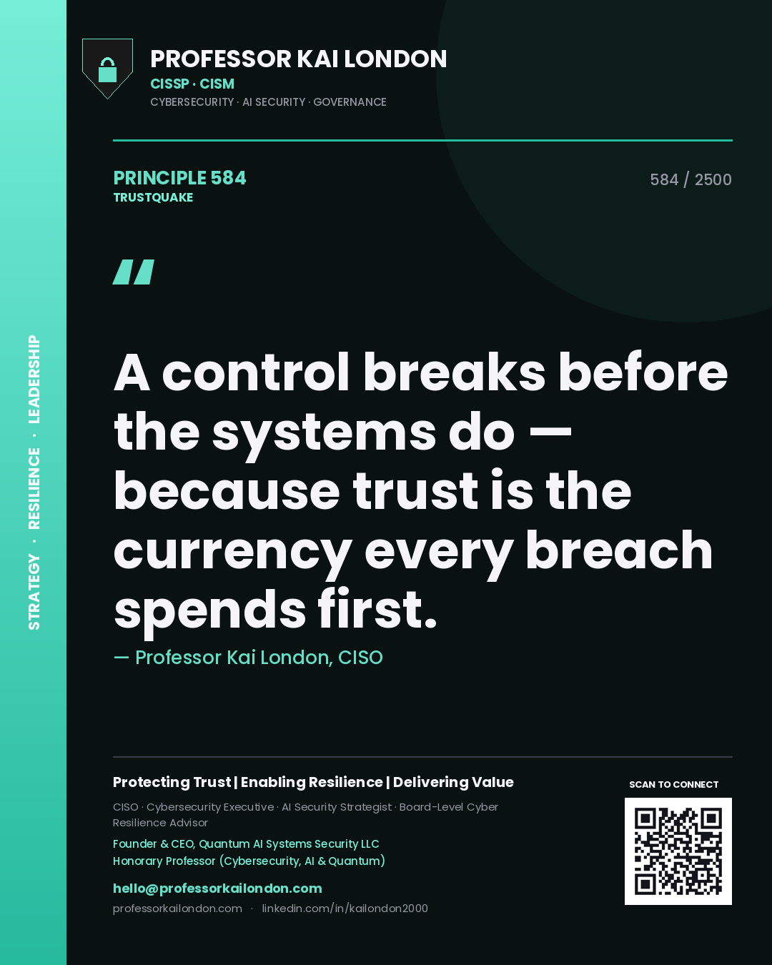 Quote card by Professor Kai London reading 'A control breaks before the systems do — because trust is the currency every breach spends first.'. From the book Trustquake.
