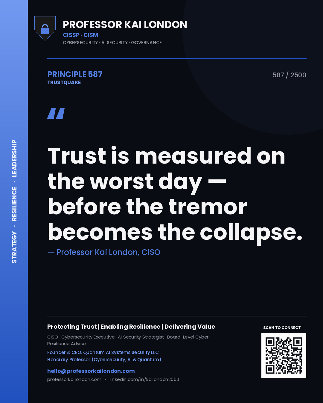 Professor Kai London principle 587: Trust is measured on the worst day — before the tremor becomes the collapse.