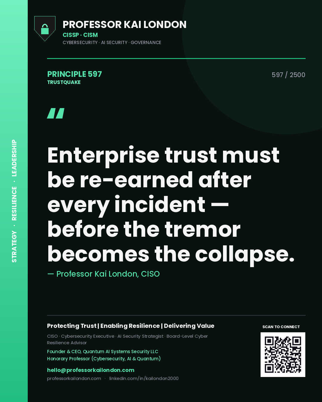 Quote card by Professor Kai London reading 'Enterprise trust must be re-earned after every incident — before the tremor becomes the collapse.'. From the book Trustquake.