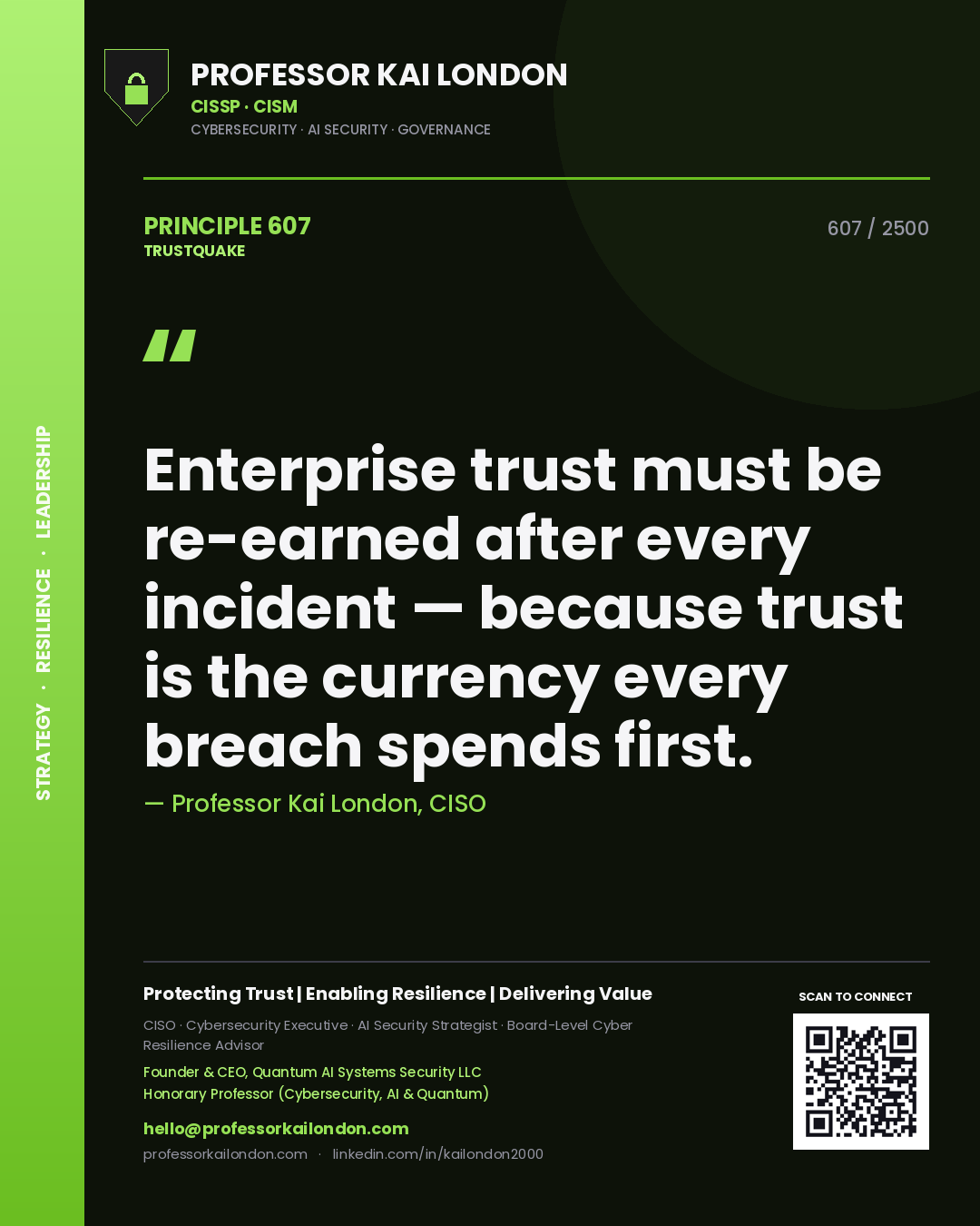 Professor Kai London principle 607: Enterprise trust must be re-earned after every incident — because trust is the currency every breach spends first.