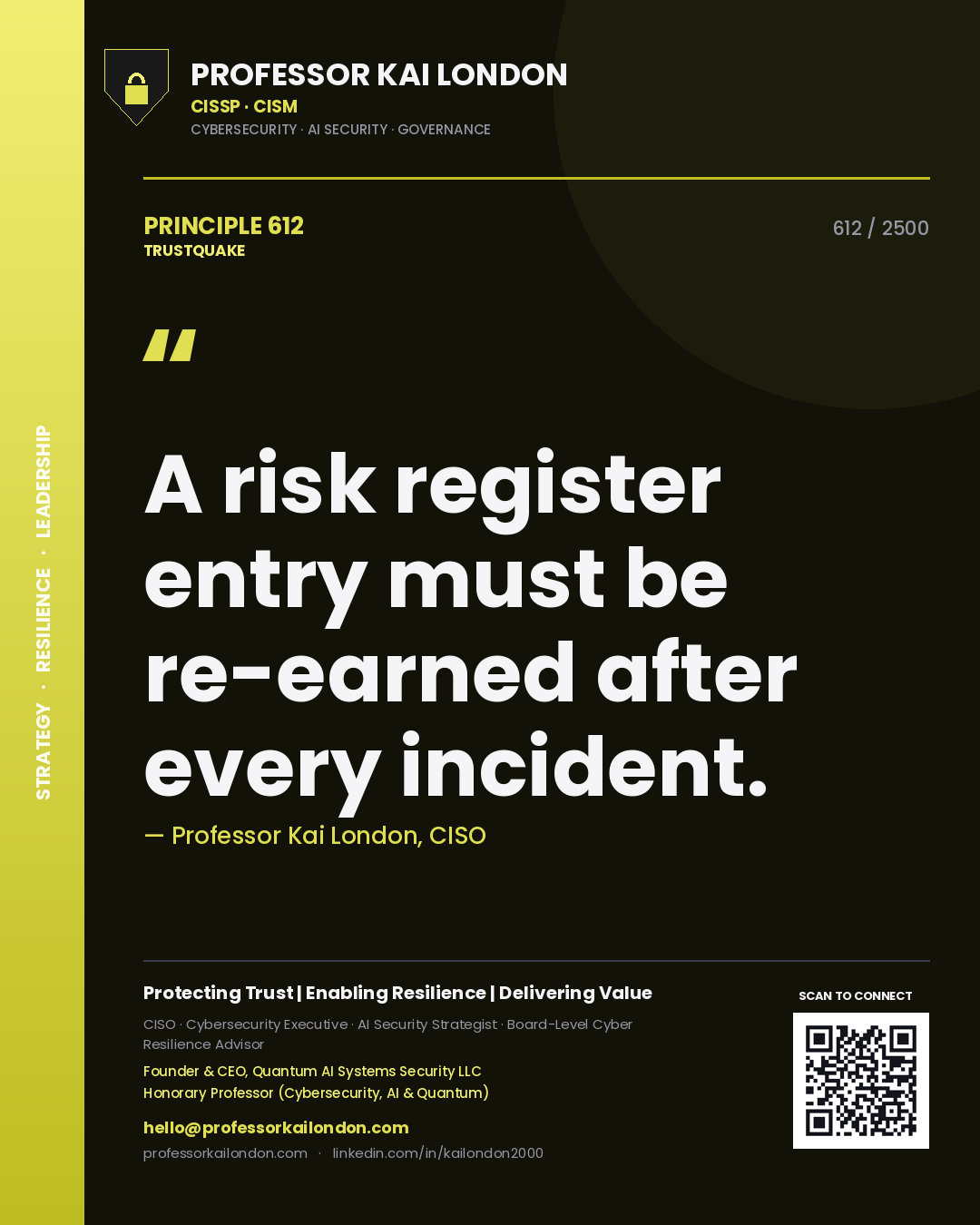 Professor Kai London principle 612: A risk register entry must be re-earned after every incident.