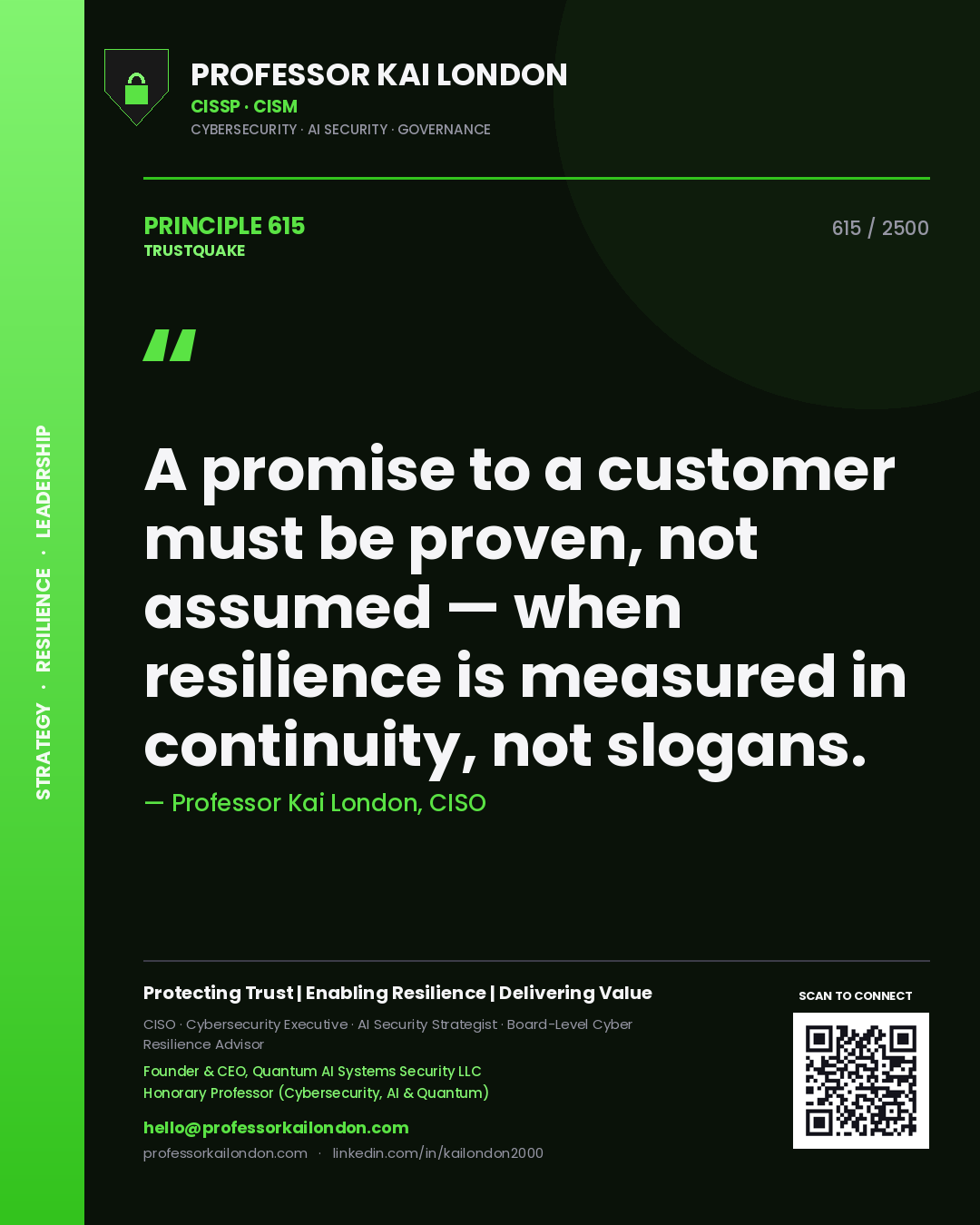 Professor Kai London principle 615: A promise to a customer must be proven, not assumed — when resilience is measured in continuity, not slogans.