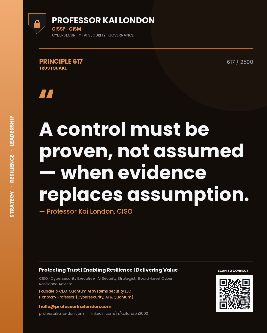 Quote card by Professor Kai London reading 'A control must be proven, not assumed — when evidence replaces assumption.'. From the book Trustquake.