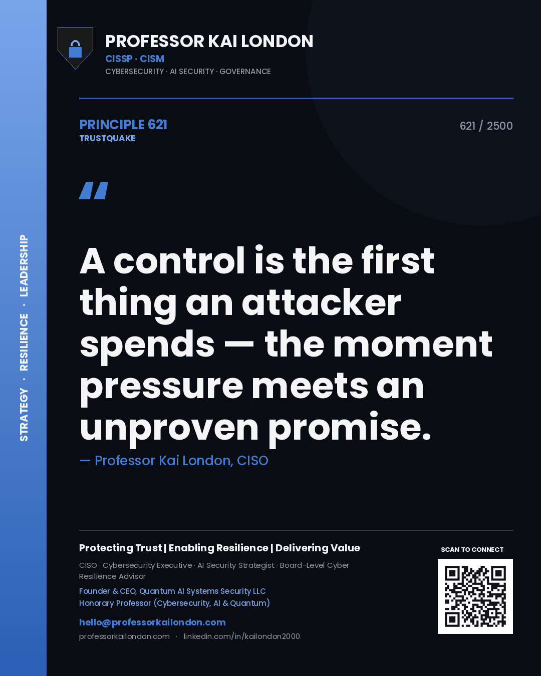 Quote card by Professor Kai London reading 'A control is the first thing an attacker spends — the moment pressure meets an unproven promise.'. From the book Trustquake.