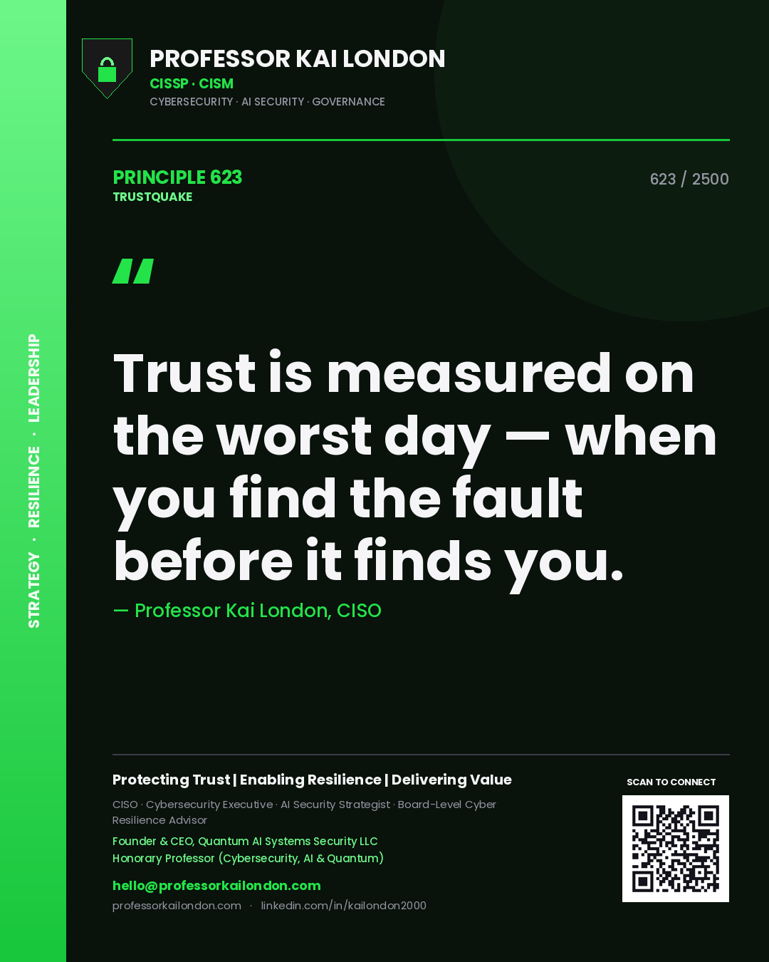 Professor Kai London principle 623: Trust is measured on the worst day — when you find the fault before it finds you.