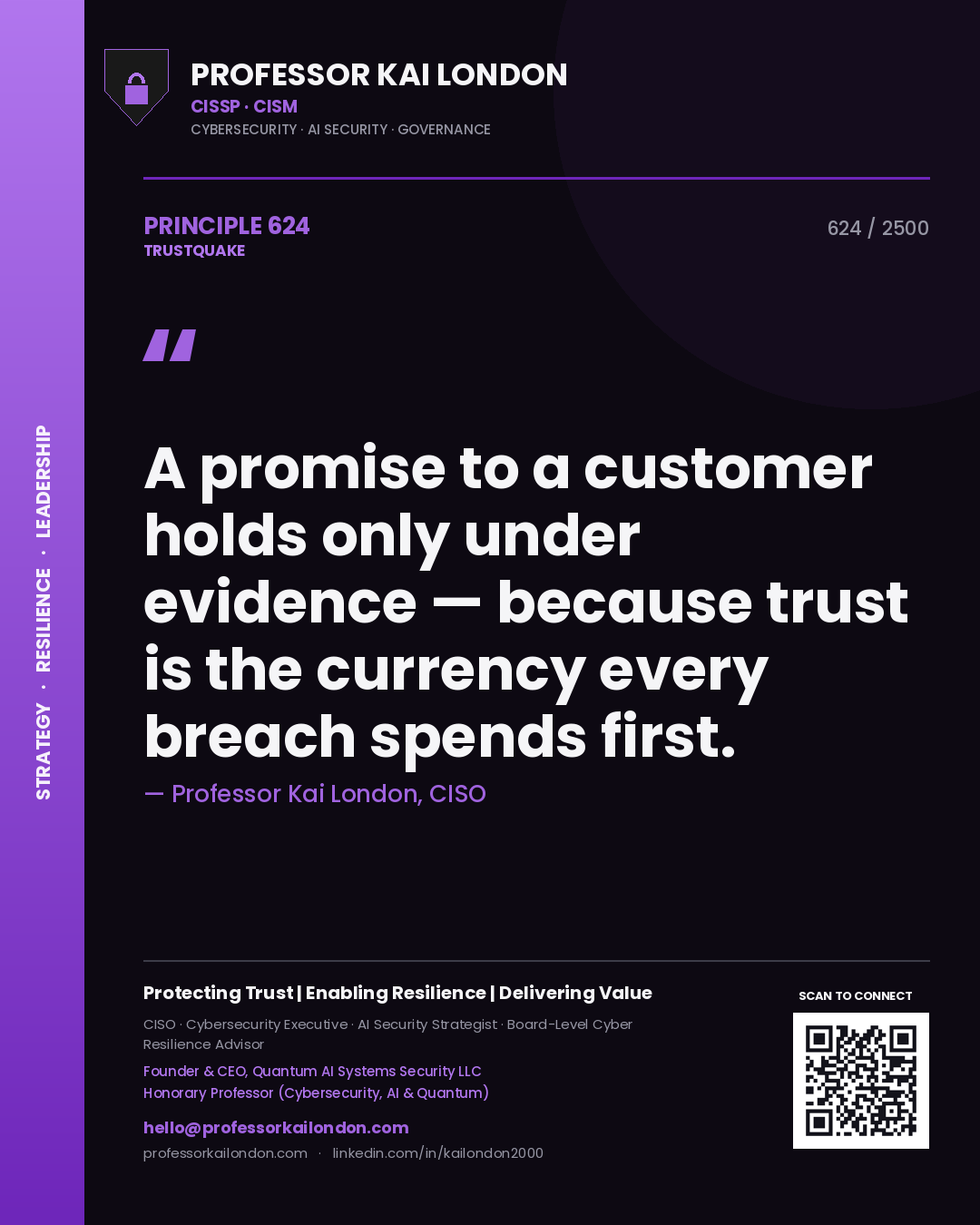 Professor Kai London principle 624: A promise to a customer holds only under evidence — because trust is the currency every breach spends first.